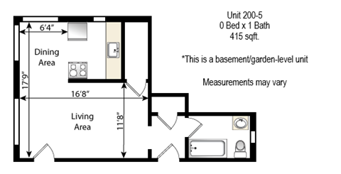 Floor plan for studio, 1 bath, 380 sqft